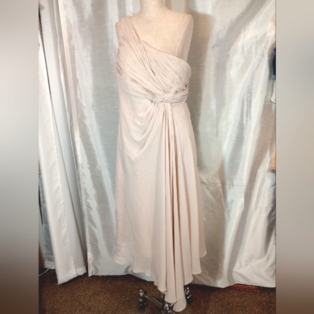 David's Bridal One Strap Dress, Ruched, Cream Asymmetrical Hem, Wedding, 12